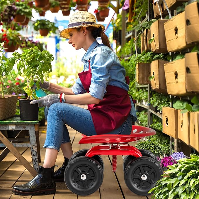 LDAILY Garden Seat with Wheels 11"-16" Adjustable Height for Lawn Planting | Rolling Garden Cart with Seat, 360° Rotatable Heavy-Duty Utility Stool Cart for Yard Work, Patio Gardening (Red)