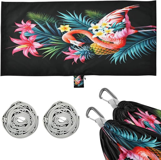 FRMG Flamingo Tropical Flowers Camping Hammock 500 lbs Capacity Portable Hammocks with Tree Straps & Attached Carry Bag, Camping Essentials Gear A0900560a