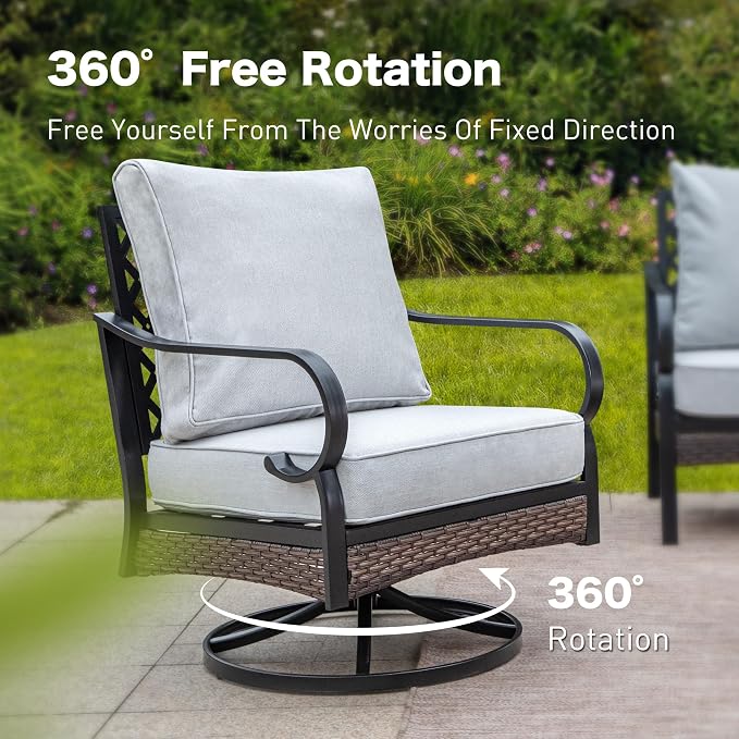 SUNSHINE VALLEY 4 PCS Metal Outdoor Patio Furniture Set, Patio Conversation Sets 1 3-Seater Sofa, 2 Swivel Chairs with 5.75" Extra Thick Cushion & Coffee Table, Black Backyard Furniture, Light Gray