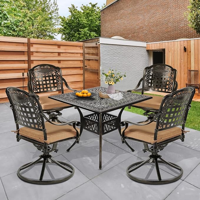 5 Piece Patio Dining Set, Outdoor Table and Chairs Set for 4 Cushioned Swivel Rocking Chairs and 35.4'' Square Table, All-Weather Cast Aluminum Patio Funiture Set, 2.2'' Umbrella Hole