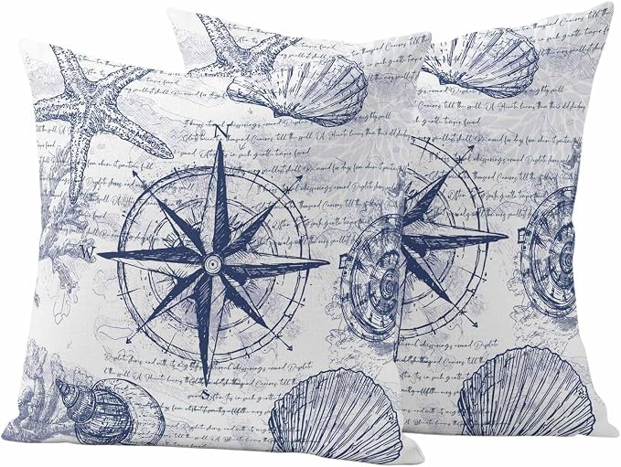 Vintage Nautical Outdoor Waterproof Throw Pillow Covers Set of 2, 16"x16", Summer Navy Blue Compass Shell Starfish Map Decorative Pillow Covers Outside Cushion Case for Patio Porch Garden