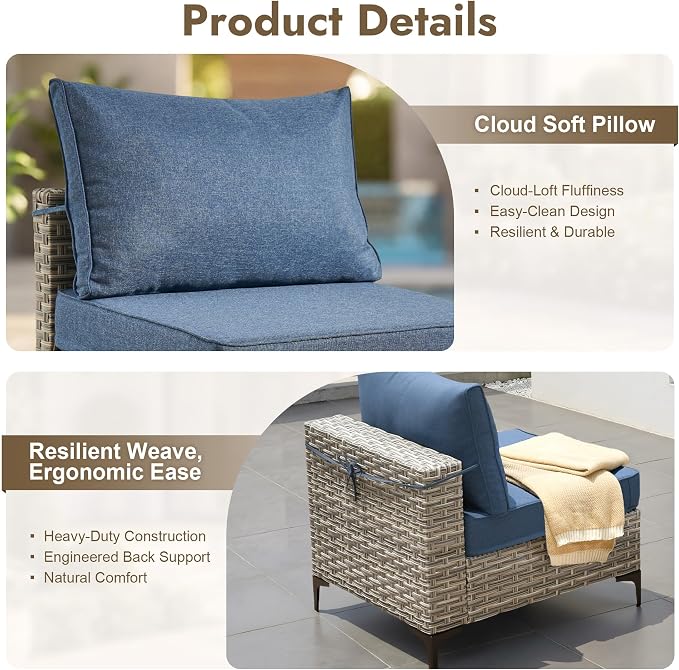 8 Pieces Outdoor Sectional Patio Furniture Set with Swivel Rocking Chairs,Conversation Sets Rattan Wicker L Shaped Couch,Modular Outdoor Sofa for Porch Balcony Backyard Denim Blue