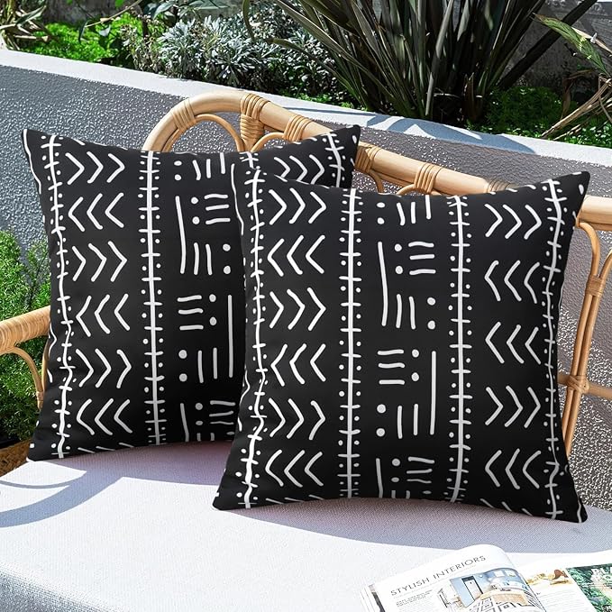 Merrycolor Set of 2 Outdoor Waterproof Throw Pillow Covers Black and White Pillow Covers Geometric Decorative Square Pillowcases Farmhouse Boho Outdoor Pillows for Patio Furniture 18x18 Inch