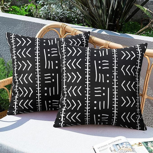Merrycolor Set of 2 Outdoor Waterproof Throw Pillow Covers Black and White Pillow Covers Geometric Decorative Square Pillowcases Farmhouse Boho Outdoor Pillows for Patio Furniture 18x18 Inch