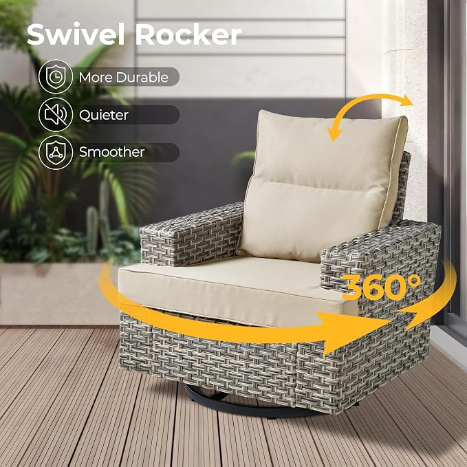HOOOWOOO Sectional Patio Furniture Set with Fire Pit Table,12 Pieces Wicker Outdoor Furniture L Shaped Couch,Outside Conversation Set Extra Deep Sofa Wide Arm Swivel Chairs Solar Light,Beige