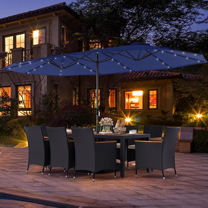 Tangkula 11 Pieces Patio Dining Set with Double-Sided Led Patio Umbrella (Base Included), with 8 Stackable Chairs, Acacia Wood Dining Table and Large Umbrella with Solar Lights (Navy + Off White)