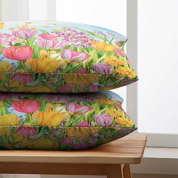 Tulip Lumbar Pillow Covers 12x20 Set of 2 Spring Throw Pillow Covers Pink Yellow Tulip Floral Outdoor Pillowcase Watercolor Cotton Linen Cushion Case for Sofa Outdoor Patio