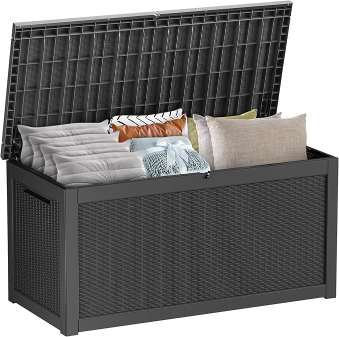 PatioZen 320 Gallon Outdoor Deck Box,Waterproof Resin Outdoor Storage Boxes, Outside Storage Lockable Container for Garden Tools,Indooor Cushions,Accessories (Black)