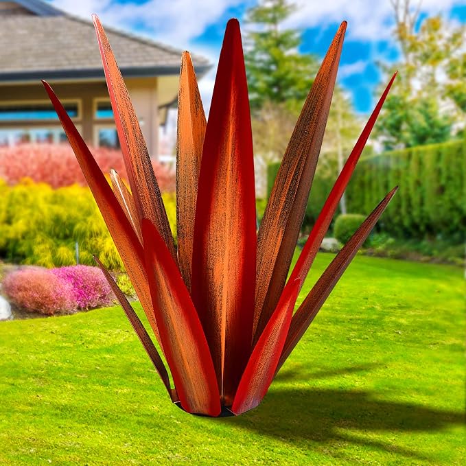 KODIBO 24" Metal Agave Plant Outdoor Decor, Large Garden Sculpture, Red | Wateproof, Rustproof, Hand-Painted Metal Plant, Tequila Rustic Sculpture, Desert Steel Yard Art, Yard Decorations Outdoor