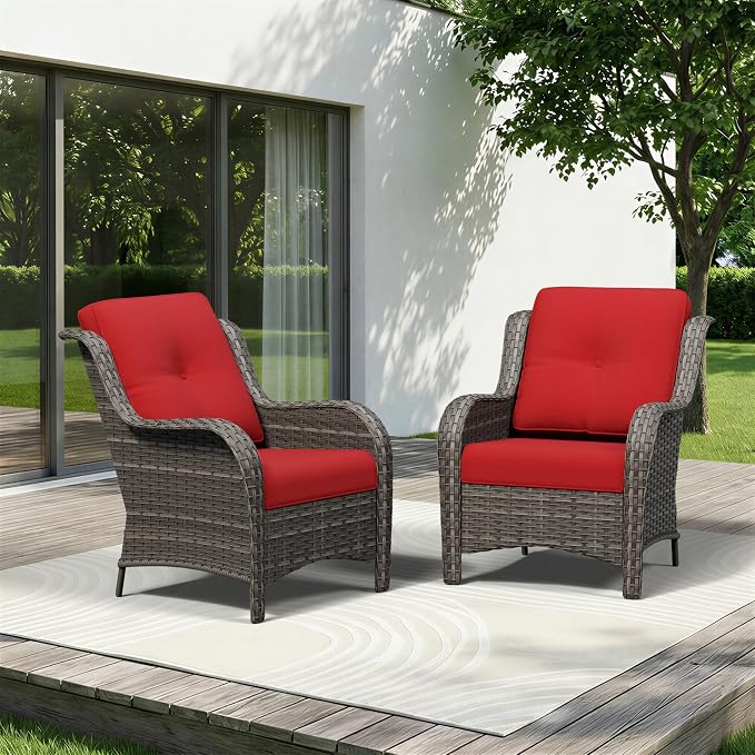 Patio Chairs Set of 2, Outdoor Wicker Patio Furniture Set with Thickened Olefin Cushions, High Back and Deep Seating, Wide Curved Armrest Hand-Woven PE Rattan for Porch, Deck, Red