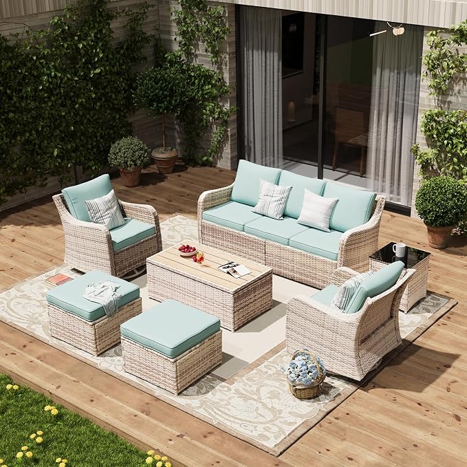 MEISSALIVVE 7 Pieces Patio Furniture Set with Swivel Chair, Outdoor Patio Conversation Set, Patio Sectional Furniture Set with 2 Swivel Rocker Patio Chair and Sofa, 2 Ottomans and Coffee Table (Blue)
