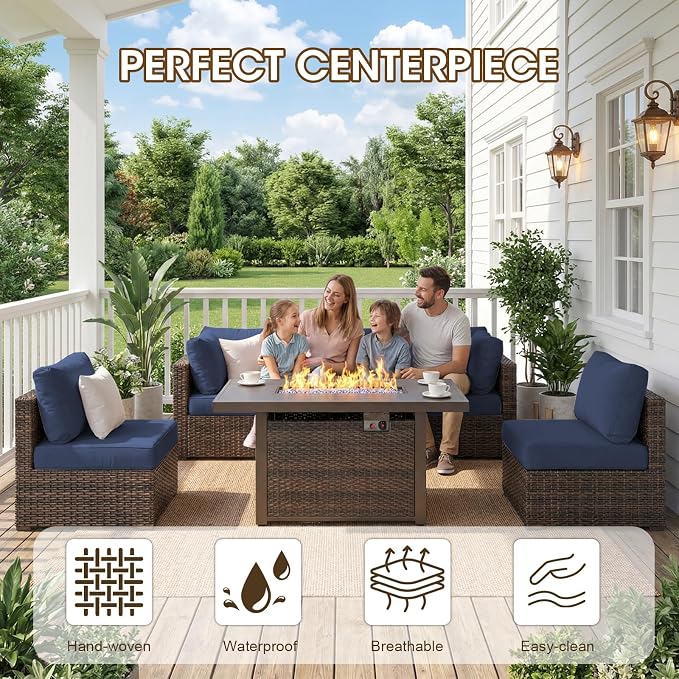 Grezone 7 Piece Patio Furniture Set with 44" Fire Pit Table, Outdoor Sectional Couch, PE Rattan Patio Conversation Sets with 4inch Cushions for Backyard Deep Blue (NY)