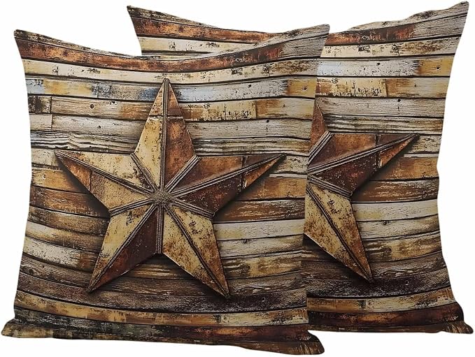 Retro Star Outdoor Waterproof Throw Pillow Covers Set of 2, 16"x16", Abstract Metal Stars Old Weathered Wood Grain Decorative Pillow Covers Outside Cushion Case for Patio Porch Garden