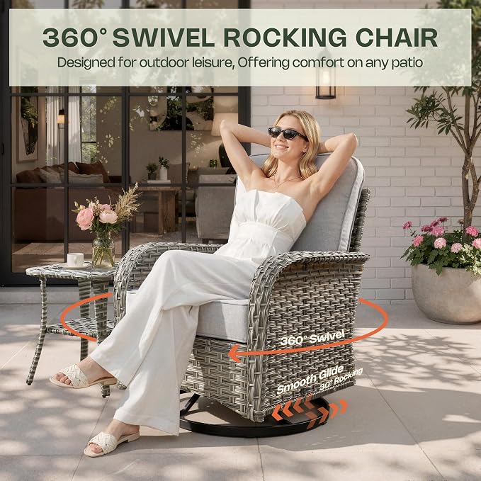11 Piece Patio Furniture Set Outdoor Sectional with 54" Fire Pit Table, Swivel Rocking Chairs and L-Shaped Rattan Couch, Modular Conversation Set with Solar Coffee Table for Deck, Light Gray