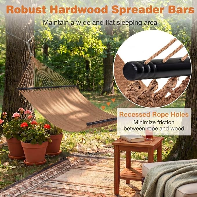 Happygrill 10.5FT Caribbean Double Hammock, Outdoor Portable Hammock with Spreader Bar, Soft-Spun Polyester Rope, 2 Person Hammocks for Outside, Camping & Patio, Max 600 lbs Capacity (Coffee)