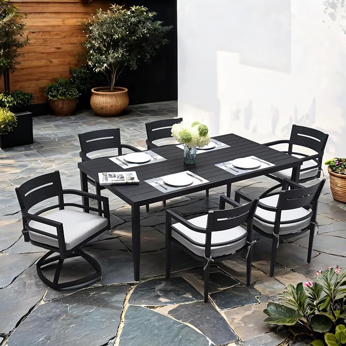 7-Piece Outdoor Patio Aluminum Furniture Set, 70” Rectangle Dining Table with Umbrella Hole and 2 Swivel Rockers Chairs & 4 Dining Chairs, Modern Dining Set for Backyard, Garden