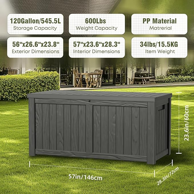 PatioZen 120 Gallon Resin Deck Box Outdoor Storage Box with Lockable Lid, Waterproof for Patio Cushions, Gardening Tools & Exercise Equipment