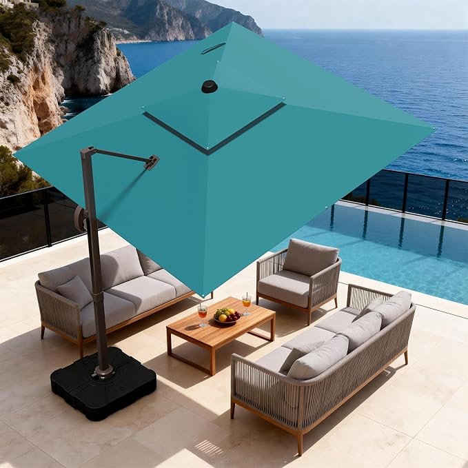 10x10Ft Patio Umbrella Outdoor Cantilever Rectangle Umbrella with Base Included, 6-Level Tilt & 360° Rotation Offset Umbrella for Garden, Deck, Pool(Turquoise)