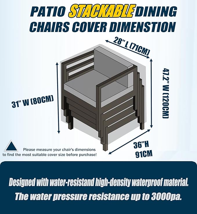 Stackable Patio Chair Cover - 600D High Back Outdoor Chair Cover Waterproof & Heavy Duty, 1 Pack Lawn Furniture Stacking Seat Cover for 4-6 Outdoor Stackable Dining Chairs - 28 x 36 x 47 Inch