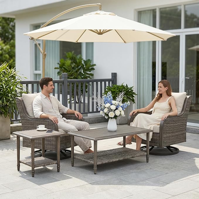 Swivel PE Wicker Chair, Outdoor Patio Chair with 360° Rotation & Water-Resistant Cushion for Porch, Deck, Balcony – All-Weather Handwoven Design (Beige, 4-PCS1)