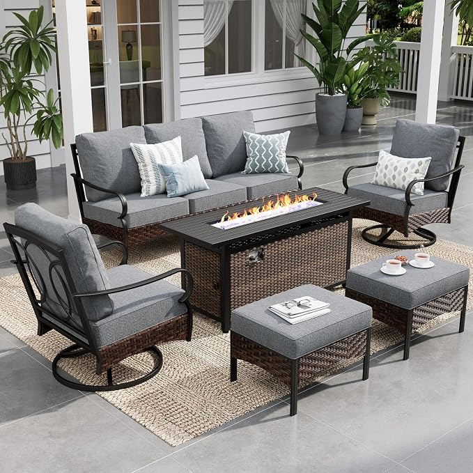 Sophia & William Patio Furniture Set with 56" Fire Pit Table, Metal Outdoor Conversation Set Patio Sectional with 3-Seater Sofas, 2 Rocking Chairs, 2 Ottomans, 1 Firepit Table for Porch Deck, Grey