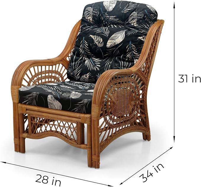 Malibu Lounge Set of 4: 2 Natural Rattan Wicker Chairs, Three-Seater Sofa and Coffee Table with Glass Handmade, Colonial Color with Black Leaf Cushions