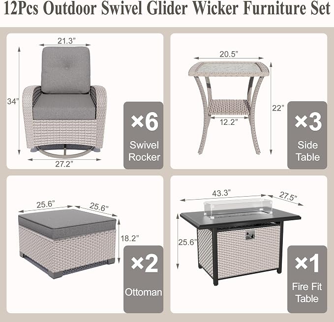 12-Piece Patio Furniture Set, Outdoor Swivel Rocking Chairs Set with 55,000 BTU Fire Pit Table,All Weather Conversation Set for Porch Poolside Balcony