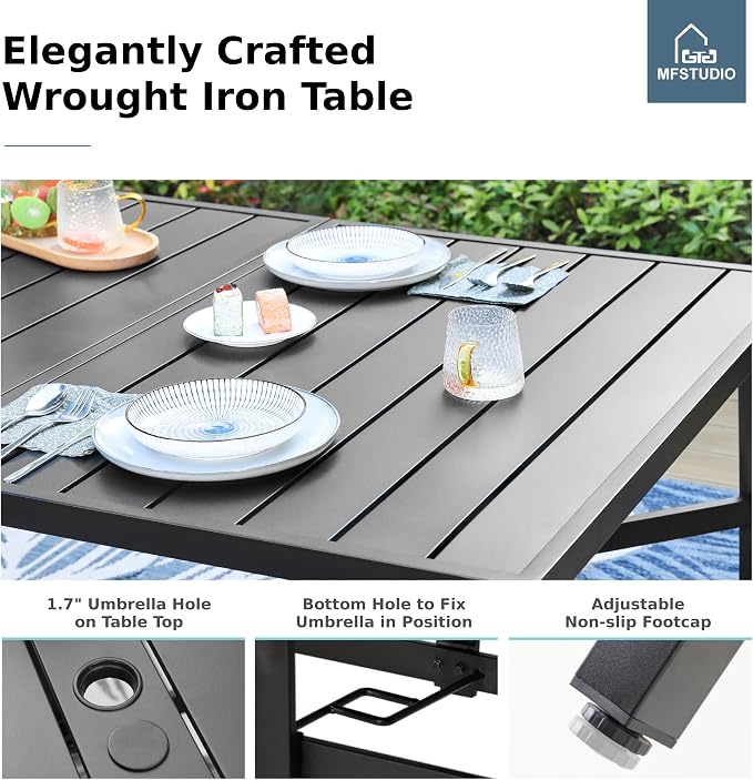 MFSTUDIO Patio Dining Set for 8, Outdoor Dining Set with Umbrella Hole, Metal Patio Table and Chairs Set, 9 Piece Outdoor Patio Furniture Set for Deck Backyard Poolside Garden