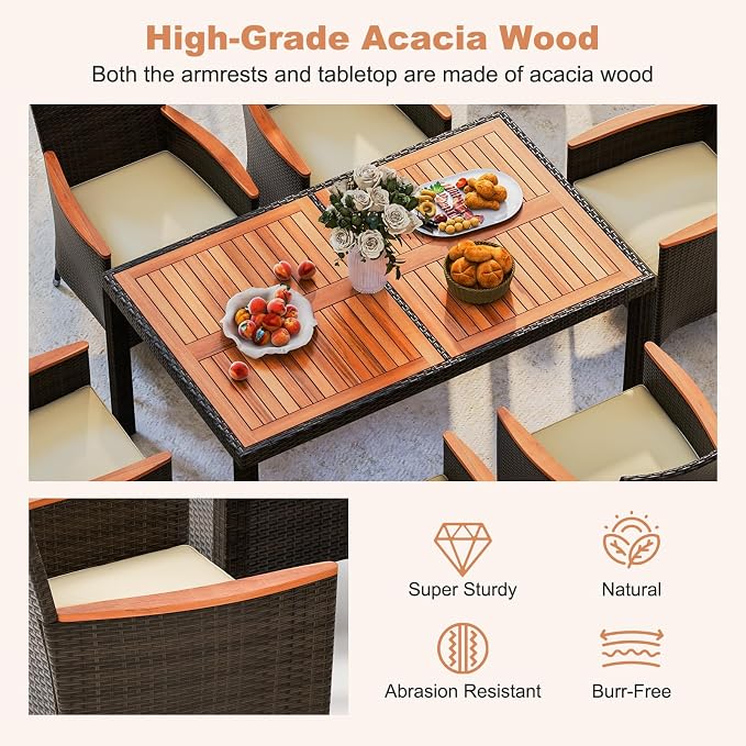 HAPPYGRILL 7 Pieces Rattan Wicker Patio Dining Set, Outdoor Dining Set with Cushions, Large Dining Table with Acacia Wood Top, Outside Dining Furniture Set with Umbrella Hole