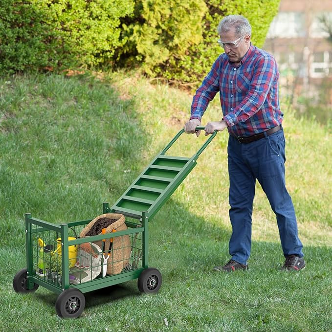 Garden Cart with Seat,3-in-1 Rolling Seat with Wheels for Seniors Gardening | Upgraded Heavy Duty Gardenning Cart with Seat, Supports up to 600 LBS for Seniors, Lawn, Patio & Backyard Gardening, Green