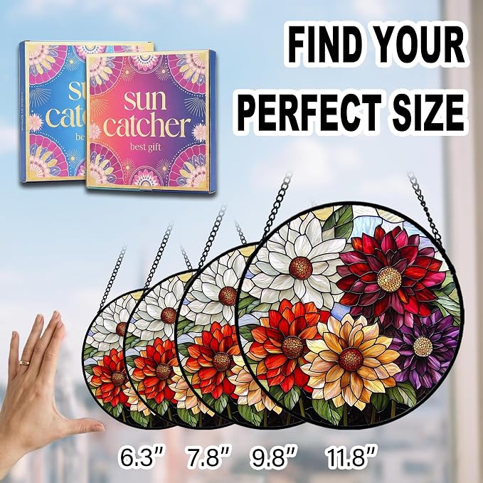 Birthday Gifts for Women - Colorful Flowers Faux Stained Glass Window Hanging Sun Catcher for Door Garden Acrylic Decor Mother's Day Christmas for Mom Nana Grandma Sisters Wife 11.8"