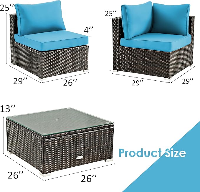 COSTWAY 5-Piece Outdoor Patio Furniture Set, PE Rattan Sofa Chairs with Cushions and Tempered Glass Coffee Table, Conversation Sofa Set for Backyard Garden (Turquoise)