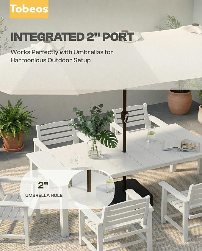 7-Piece Outdoor Dining Set with Aluminum Frame for 6,White | HDPE material, 2" umbrella hole, patio table and chairs, ideal for yard, lawn, garden, balcony, deck, poolside