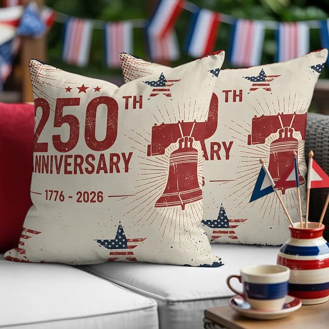 250th Anniversary Outdoor Pillow Covers 20"x20" Set of 2, Liberty Bell Stars Vintage 1776-2026 Waterproof Throw Pillow Covers for Patio Furniture, Decorative Cushion Covers for Porch