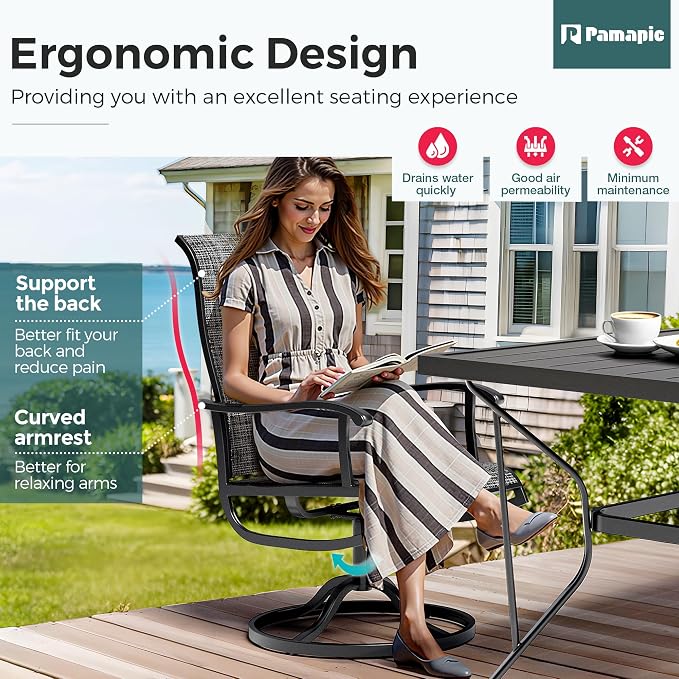 7-Piece Outdoor Dining Set, Patio Furniture Set with Textilene Swivel Chairs, Outdoor Table & 6 Chairs for Garden, Backyard, Poolside, Deck, Charcoal