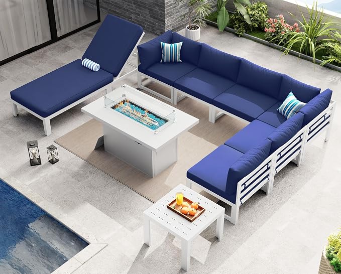 NICESOUL 9 Pcs Aluminum Patio Sectional Furniture Set with Chaise & Fire Pit Table, 500 lbs Heavy Duty Anti-Rust Outdoor Couch, 29" Deep Wide Seat, High End Conversation Sofa for Poolside, Navy Blue