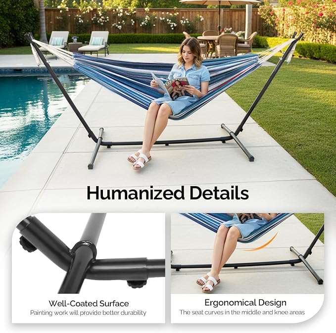 ONCLOUD Double Hammock with 9 FT Stand Space Saving Carrying Case (Purple Blue)