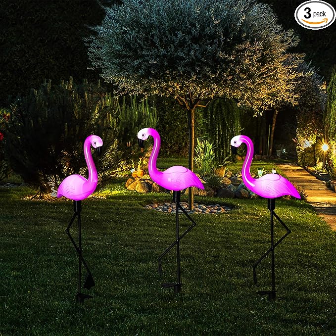 Mudder 3 Pieces Flamingo Solar Lights Outdoor, Pink Flamingo Solar Lights Outdoor Waterproof Lawn Garden Ornaments Yard Stake Garden Decor for Pathway, Patio, Lawn, Birthday