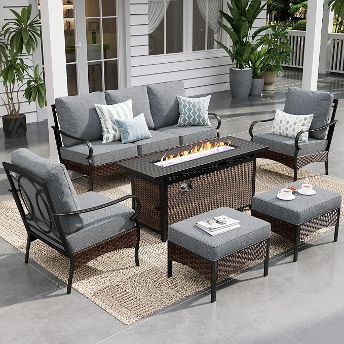 Sophia & William Patio Furniture Set with 56" Fire Pit Table, Metal Outdoor Conversation Set Patio Sectional with 3-Seater Sofas, 2 Fixed Chairs, 2 Ottomans, 1 Firepit Table for Porch Deck, Grey