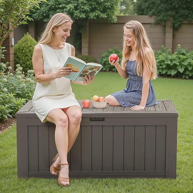 Flamaker Resin Deck Box 120 Gallon Waterproof Large Outdoor Indoor Storage Box Imitation Wood Resin for Patio Furniture Garden Tools and Pool (Deep Brown)