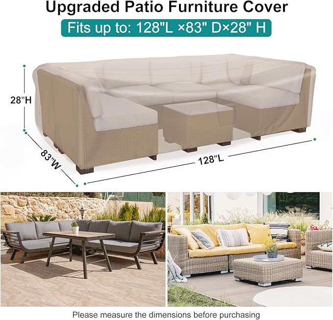 Patio Furniture Set Cover Waterproof, Heavy Duty Furniture Covers for Outdoor Sectional Sofa Set Wicker Rattan Table Chair Rectangular,128"L×83"W×28"H,Brown