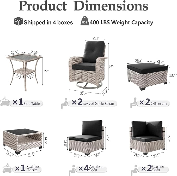 Patio Furniture Set, 12-Piece Outdoor Sectional Sofa with Swivel Rocker Chairs & Ottomans, Wicker Patio Conversation Set with Coffee Table, Black Cushions