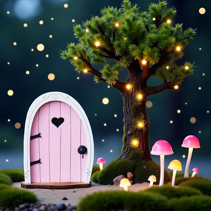 Jinshining Pink Streak Mini Fairy Garden Door for Tree, 3D Miniature Fairy Door for Fairytale Tiny House Doors, Bonsai Terrarium Micro Landscape Decoration Accessories Garden Miniatures