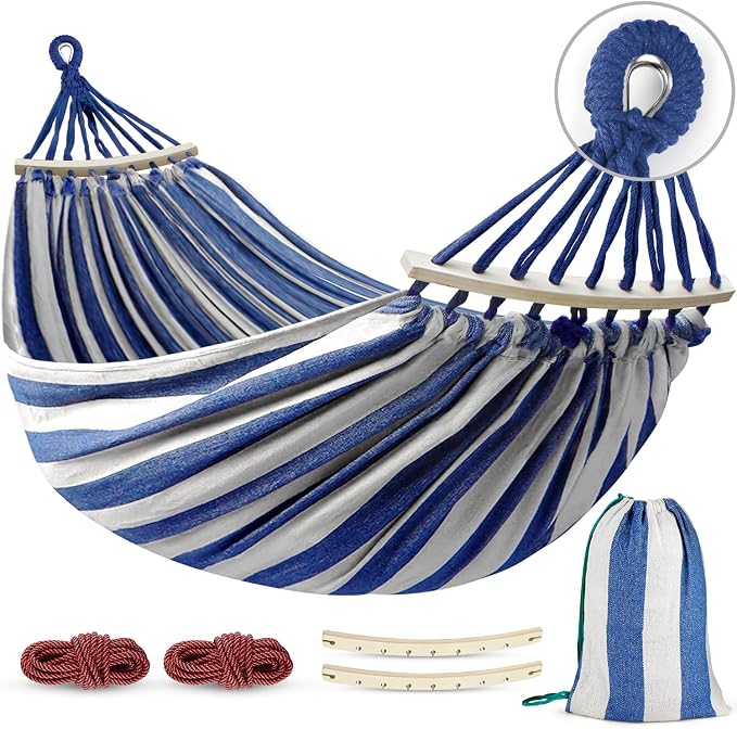 MOSFiATA Hammocks Portable Camping Hammock Upgraded 550lb Comfortable Fabric Hammock with Two Anti Roll Balance Beam and Sturdy Metal Knot Tree Straps for Camping, Patio, Backyard, Outdoor(Blue White)