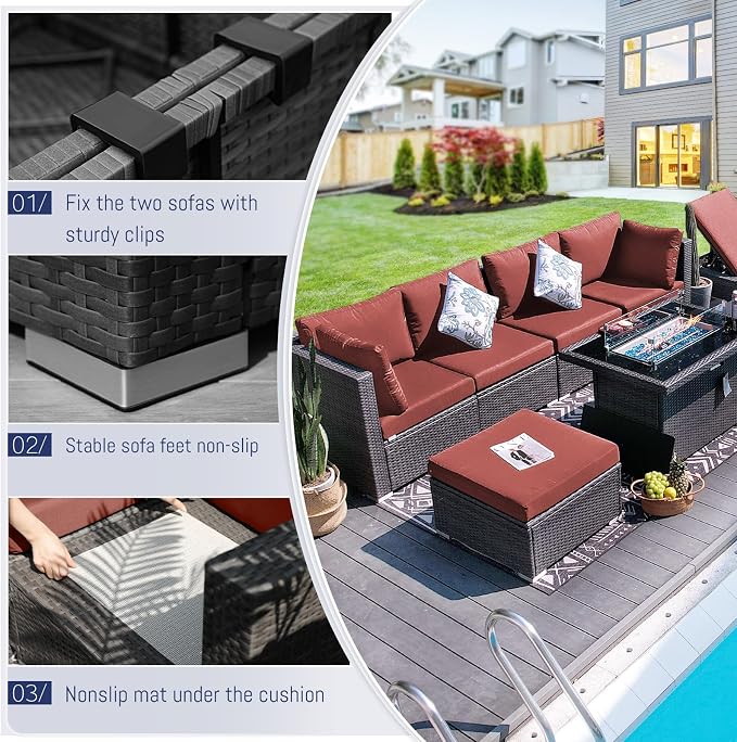 BULEXYARD Large High Back Grey Rattan Patio Furniture Set with Propane/Gas Fire Pit Table, Luxury Deep Wide Seat Outdoor Sectional Sofa, Modern Wicker Modular Conversation Couch (11Pcs-A, Dark Red)