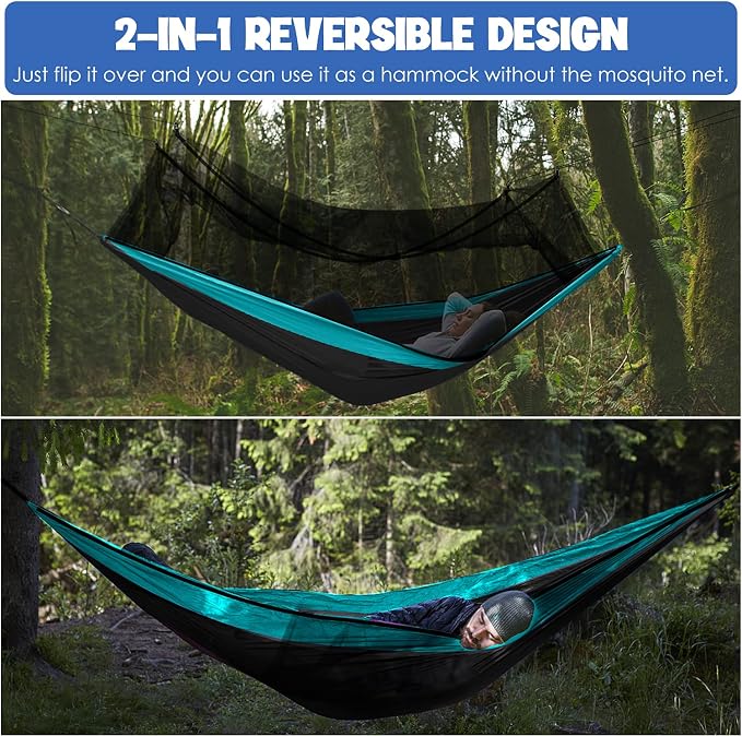Gold Armour Camping Hammock - Camping Essentials, Double Hammock with Bug Net, Camping Gear Hammock for Outside, Hiking, and Travel (Gray & Sky Blue)