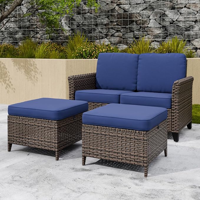COOS BAY Harbor Retreat 3 Piece Outdoor Furniture Set, Patio Conversation Set with 2 Seat Loveseat and Ottomans, Wicker Furniture, Brown/Blue