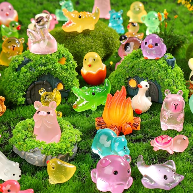 150PCS Mini Luminous Resin Animals 40+ Styles Glow Tiny Resin Animal Miniature Little Small Animal Figures for Accessories Dollhouse Potted Garden Aquarium Party Decoration DIY Craft