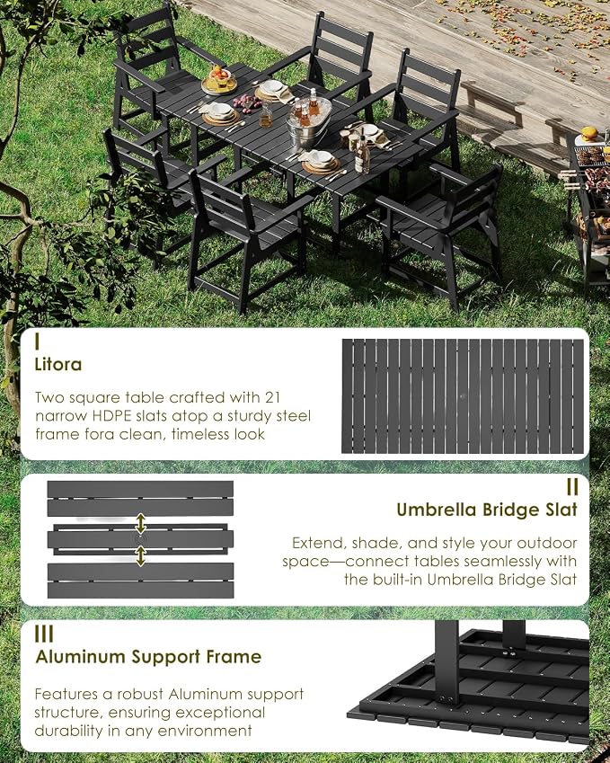 GREENVINES Outdoor-Dining-Table | 75” | HDPE | 2 Connectable Square Tables for 6 | Slatted | All-Weather | Patio Furniture | for Poolside Backyard Garden | Black