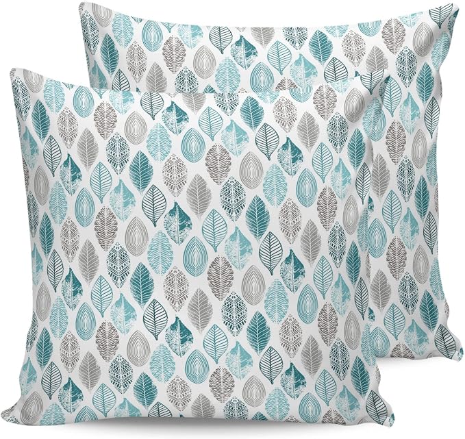 Outdoor Waterproof Throw Pillow Cover Farm Teal Grey Leaf Texture Decorative Pillows Cushion Covers Abstract Nature Boho Botanical 2 Pack Pillow Cases for Patio Garden Balcony Couch Sofa 16x16In